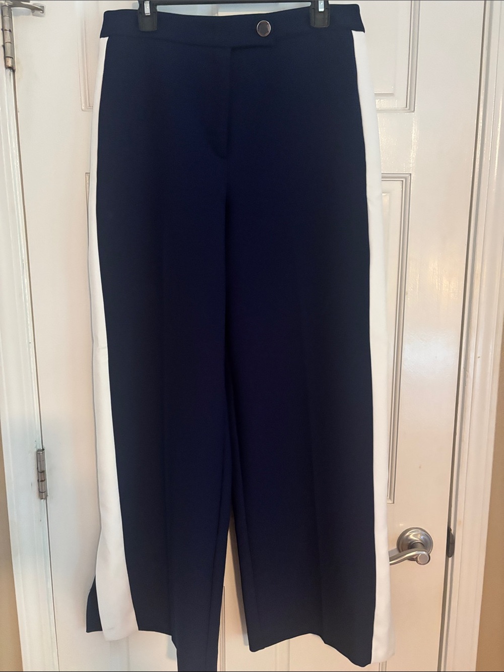 Wide-Leg Navy Pants with White Side Stripe
